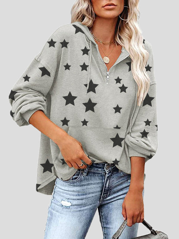 Women's Hoodies Zip Star Print Pocket Long-Sleeve Hoody