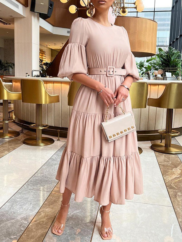 Women's Dresses Solid Puff Sleeve Belt Ruffle Dress