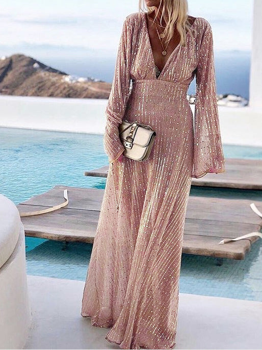 Women's Dresses Sequin V-Neck Long Sleeve Dress