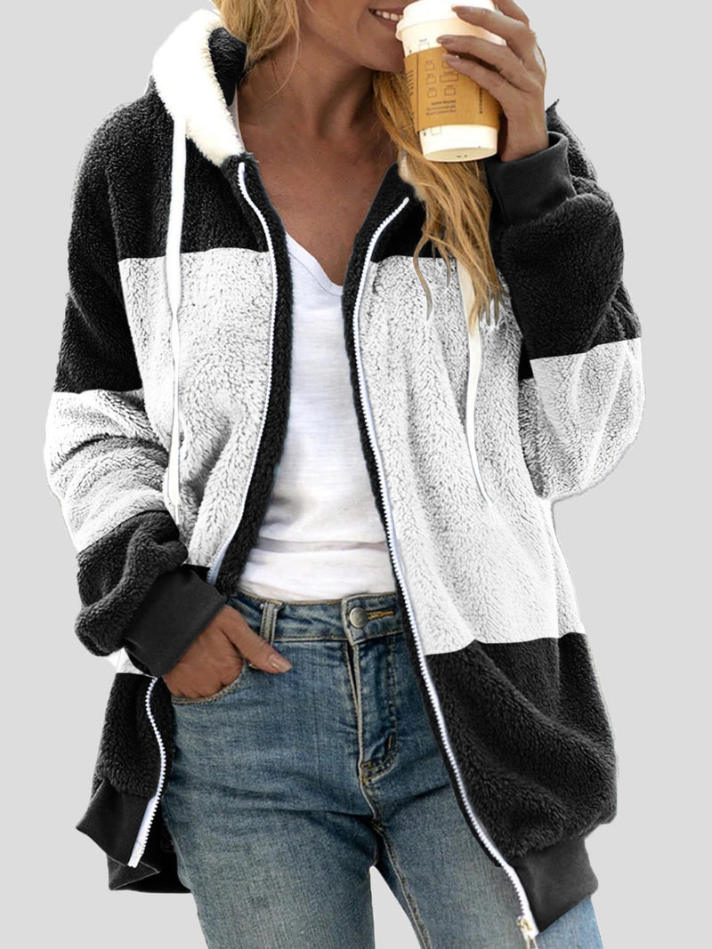 Women's Coats Loose Plush Multicolor Panel Zip Hooded Coats