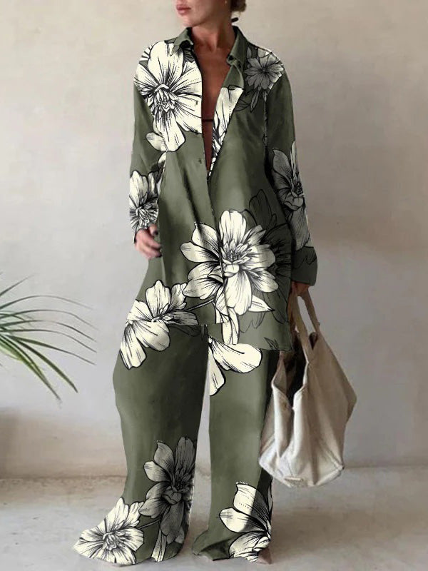 Women's Sets Printed Long Sleeve Shirt & Straight Pants Two-Piece Set