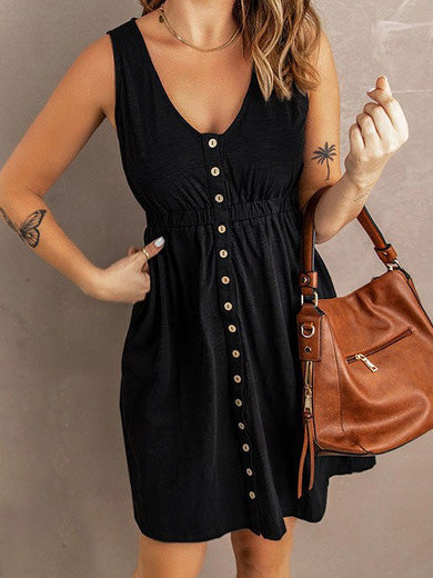 Women's Dresses Solid Button Elastic Waist Sleeveless Dress