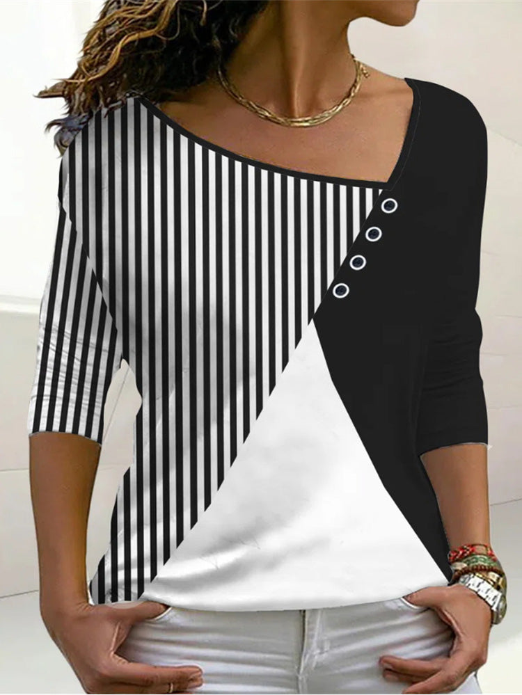 Women's T-Shirts V-Neck Colorblock Printed Long Sleeve Casual T-Shirt