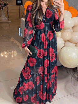 Women's Dresses V-Neck Rose Print Long Sleeve Chiffon Dress