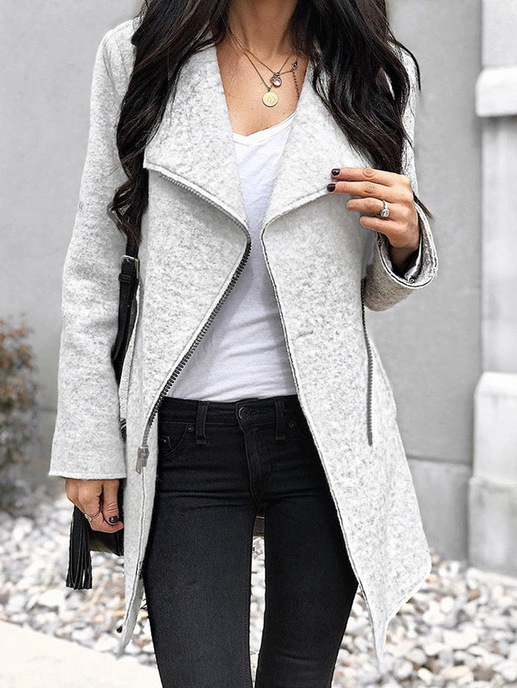 Women's Coats Solid Lapel Zip Long Sleeve Wool Coat