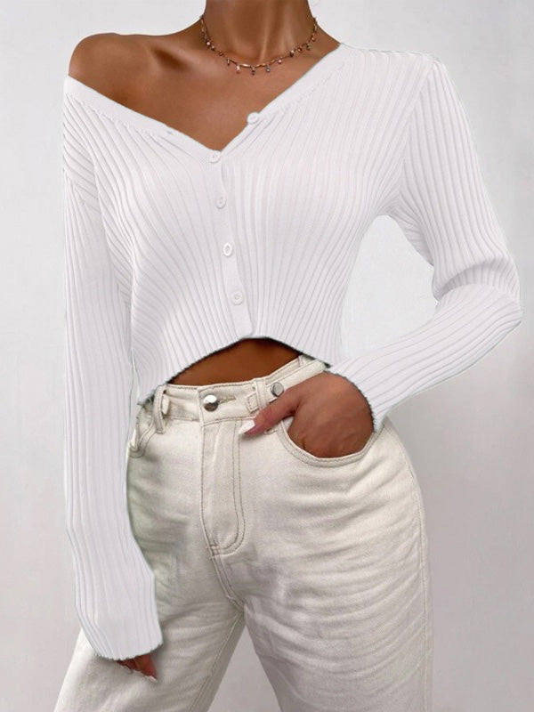 Women's Sweaters Solid V-Neck Button Knit Sweater