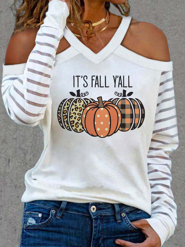Women's T-Shirts Pumpkin Print Off-The-Shoulder Long Sleeve T-Shirt