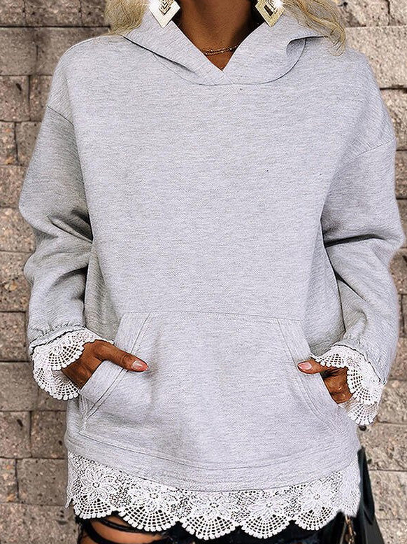 Women's Hoodies Solid Lace Panel Pocket Long Sleeve Hoody