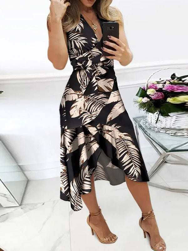 Women's Dresses Printed V-Neck Tie Irregular Ruffle Dress