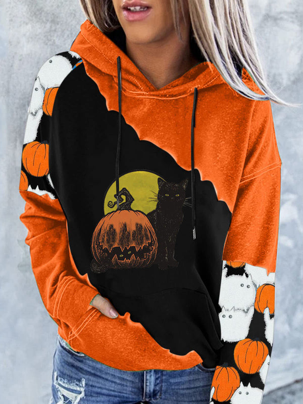 Women's Hoodies Pumpkin Cat Print Pocket Long-Sleeve Hoody