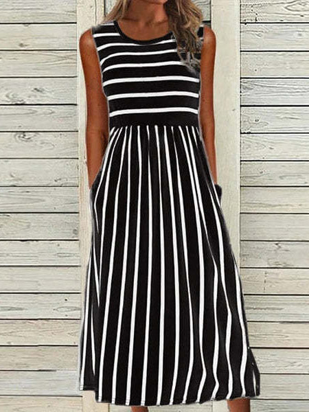 Women's Dresses Striped Print Crew Neck Pocket Sleeveless Dress