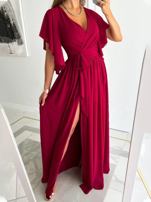 Women's Dresses Solid V-Neck Flared Sleeve Slit Dress