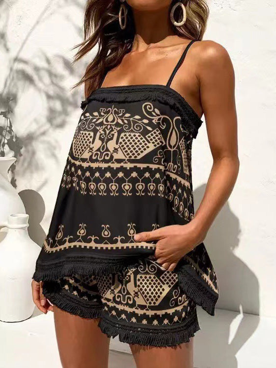 Women's Sets Printed Sling Top & Shorts Fringed Two-Piece Set