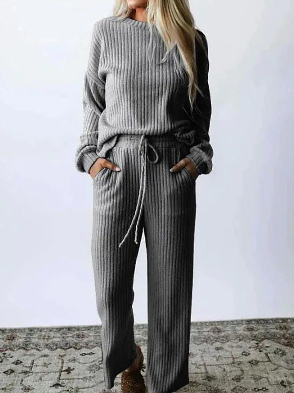 Women's Sets Solid Long Sleeve Top & Pants Casual Two Piece Set