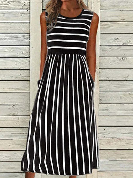 Women's Dresses Striped Print Crew Neck Pocket Sleeveless Dress