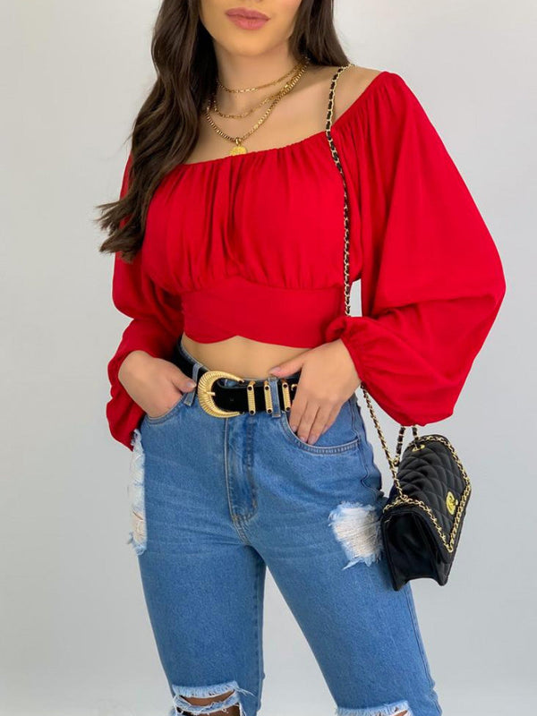 Women's Blouses One Word Collar Long Sleeve Crop Blouse