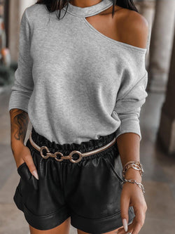 Women's T-Shirts Solid Off Shoulder Long Sleeve T-Shirt