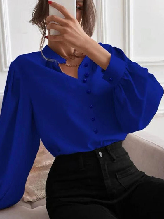 Women's Blouses Solid Lapel Button Long Sleeve Blouse