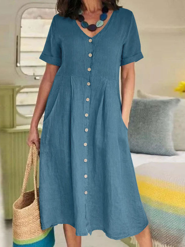 Women's Dresses V-Neck Button Short Sleeve Casual Dress