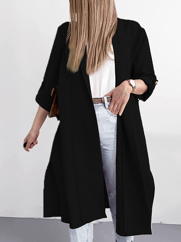 Women's Cardigans Solid Lapel 3/4 Sleeve Slit Cardigan