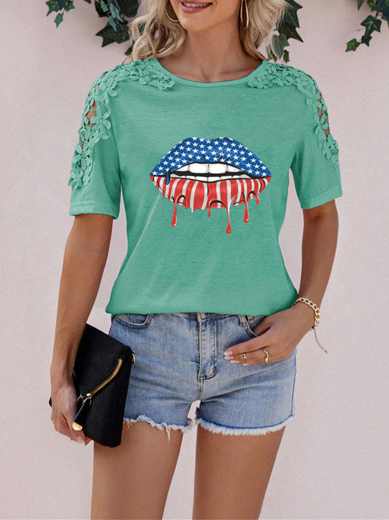 Women's T-Shirts Lips Printed Lace Panel Short Sleeve T-Shirt