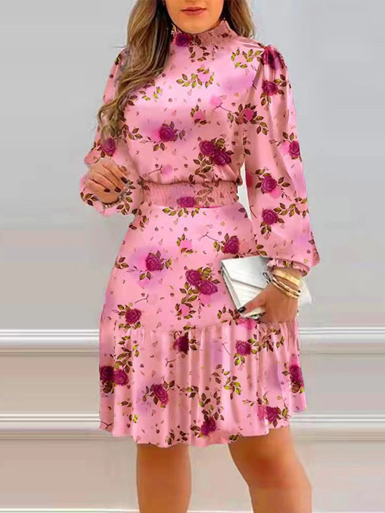 Women's Dresses Turtleneck Floral Print Elastic Waist Long Sleeve Dress