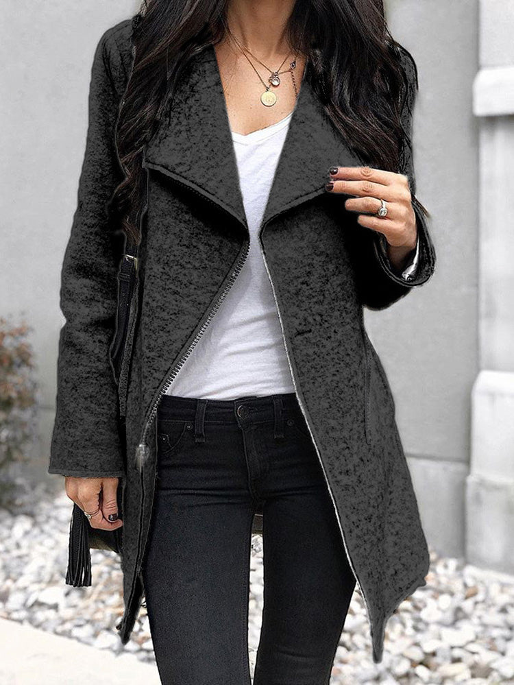 Women's Coats Solid Lapel Zip Long Sleeve Wool Coat