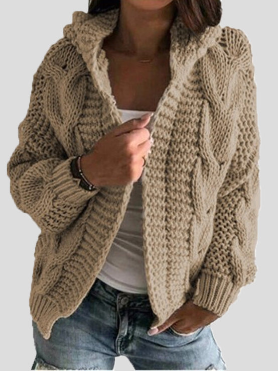 Women's Cardigans Solid Twist Knit Hooded Sweater Cardigan