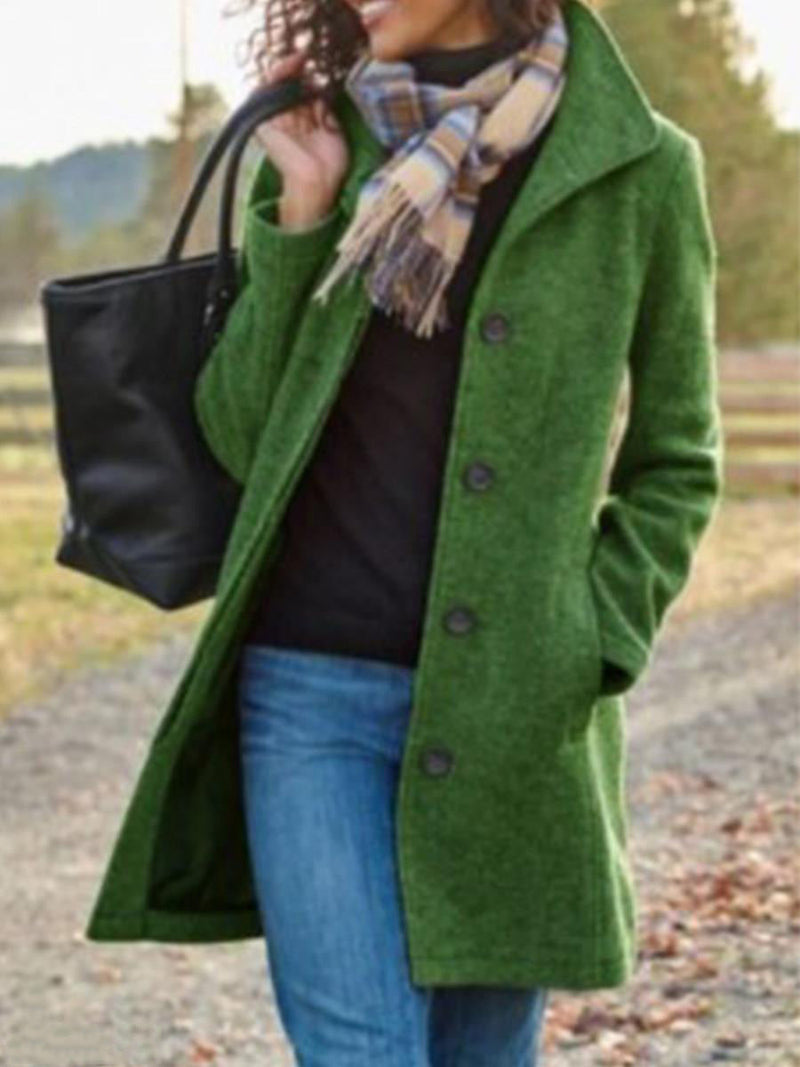Women's Coats Solid Button Pocket Long Sleeve Wool Coat