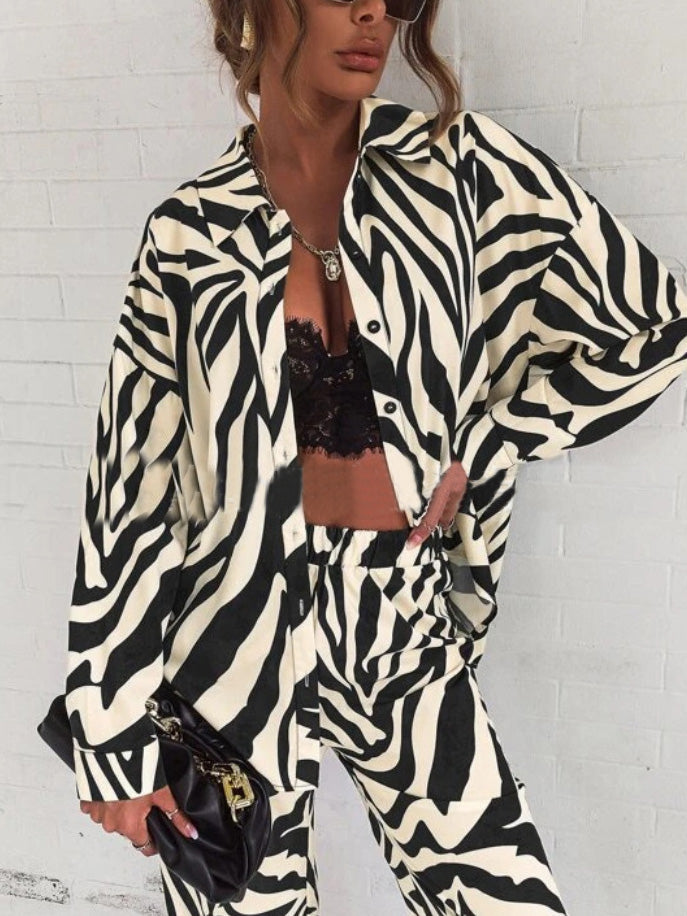 Women's Sets Striped Print Long Sleeve Shirt & Pants Two-Piece Set