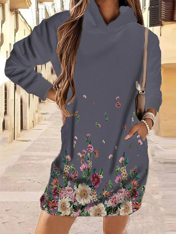 Women's Dresses Floral Print Pocket Long Sleeve Hooded Dress