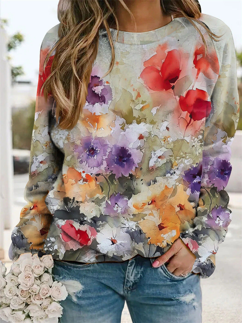 Women's T-Shirts Floral Print Crew Neck Long Sleeve T-Shirt