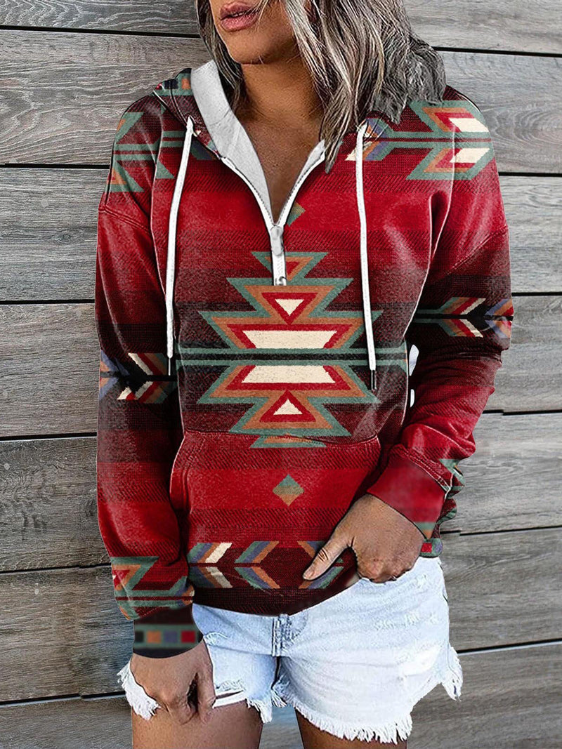 Women's Hoodies Vintage Print Zip Pocket Casual Hoody