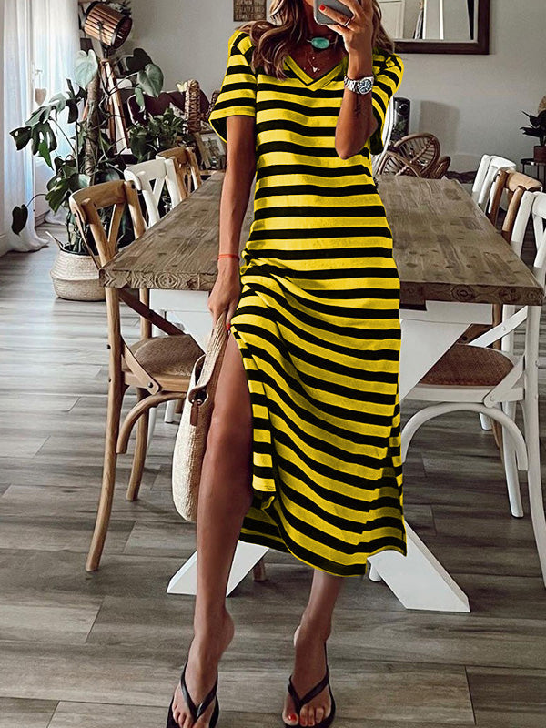 Women's Dresses Striped Print V-Neck Short Sleeve Slit Dress