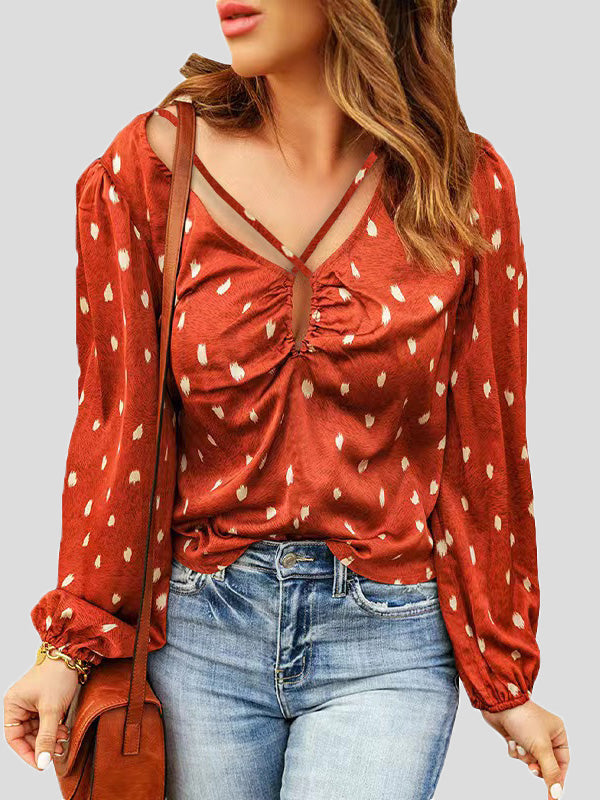 Women's Blouses Printed V-Neck Cross Long Sleeve Blouse