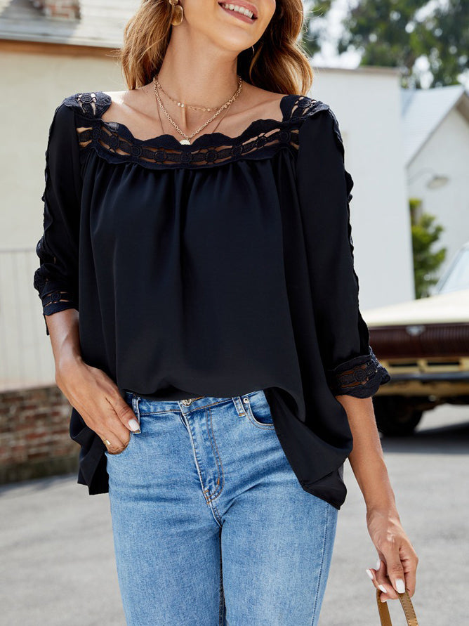 Women's Blouses Lace Panel Square Neck Half Sleeves Blouse