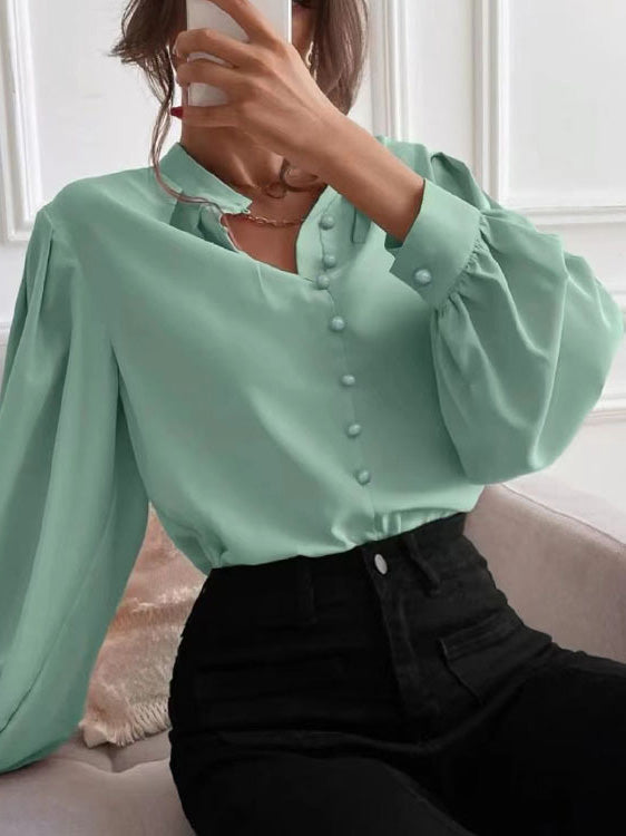 Women's Blouses Solid Lapel Button Long Sleeve Blouse