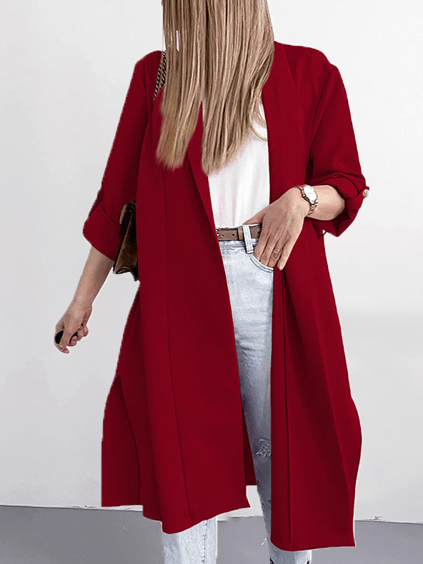 Women's Cardigans Solid Lapel 3/4 Sleeve Slit Cardigan