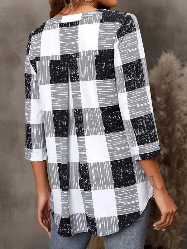Women's Blouses V-Neck Plaid Print Three-Quarter Sleeves Blouse