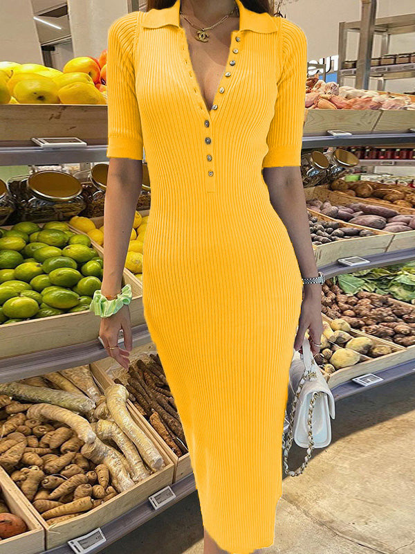 Women's Dresses Simple Lapel Button Mid-Sleeve Slim Fit Dress
