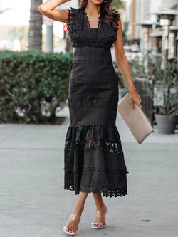 Women's Dresses V-Neck Lace Stitching Slim Dress