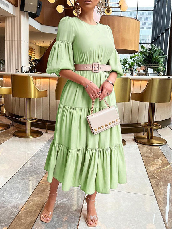 Women's Dresses Solid Puff Sleeve Belt Ruffle Dress