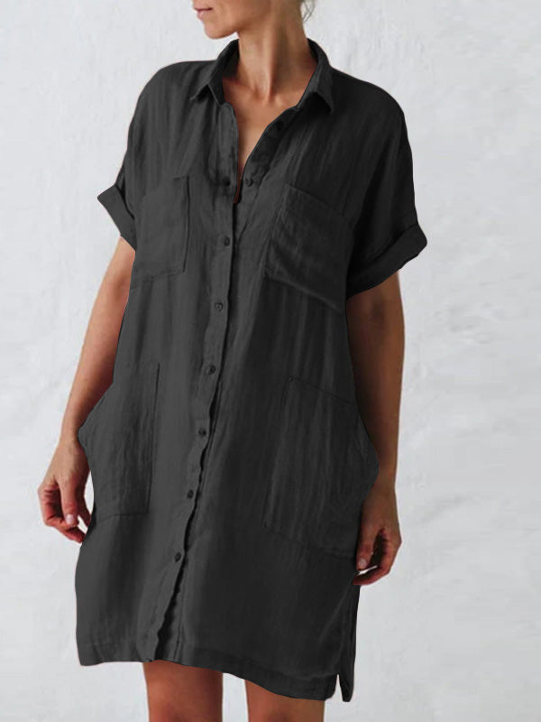Women's Dresses Lapel Short Sleeve Pocket Shirt Dress