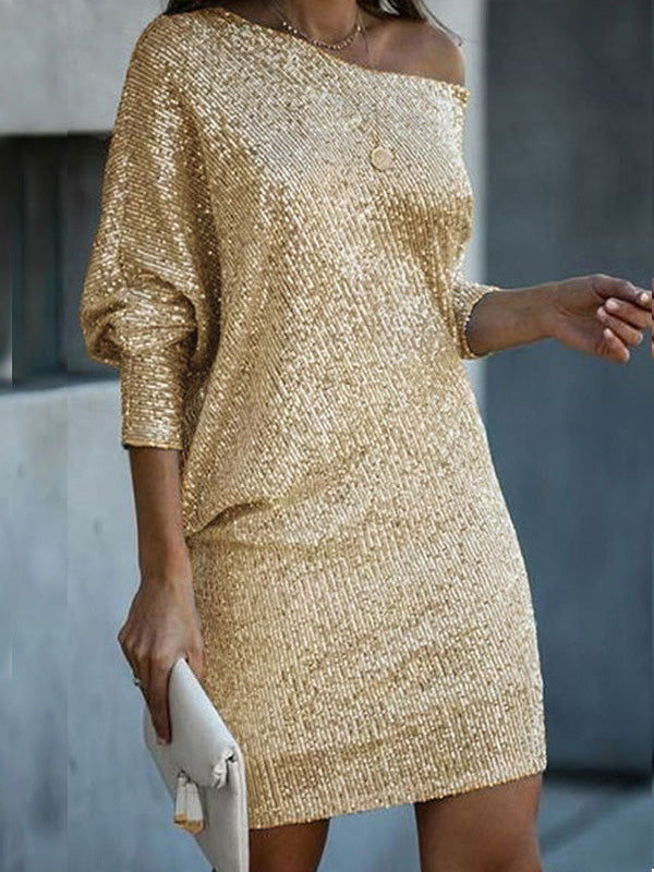 Women's Dresses Sloping Shoulder Sequin Long Sleeve Dress