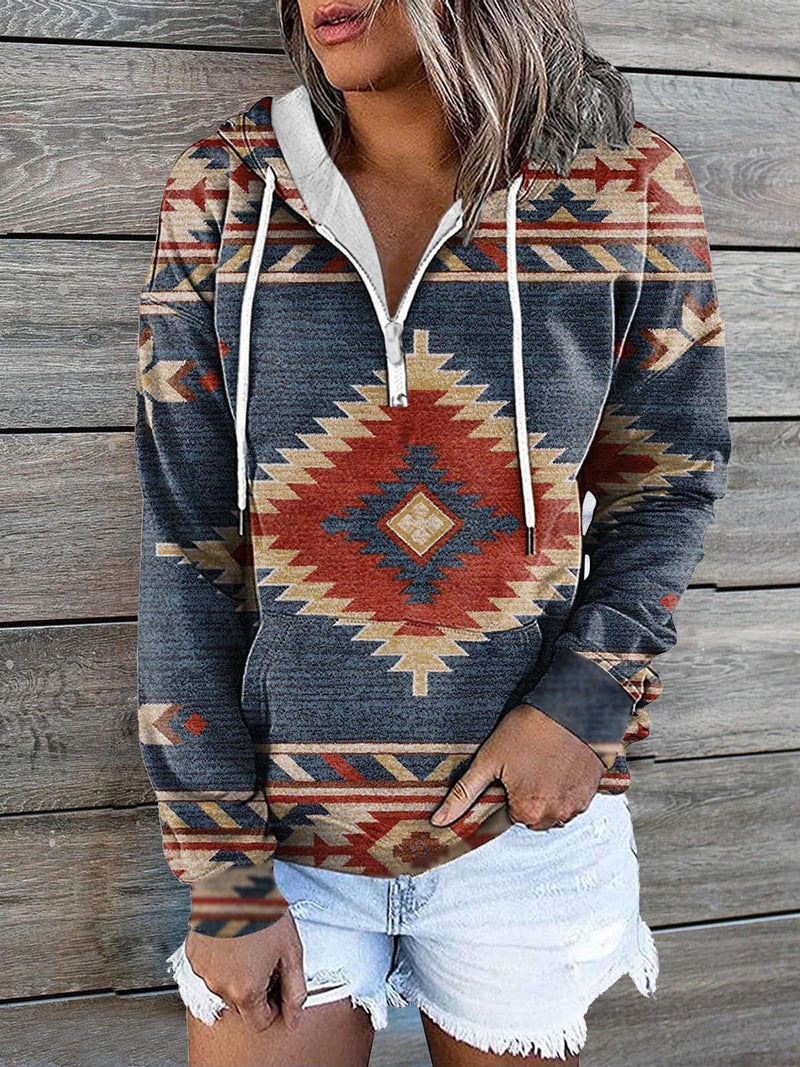 Women's Hoodies Vintage Print Zip Pocket Casual Hoody