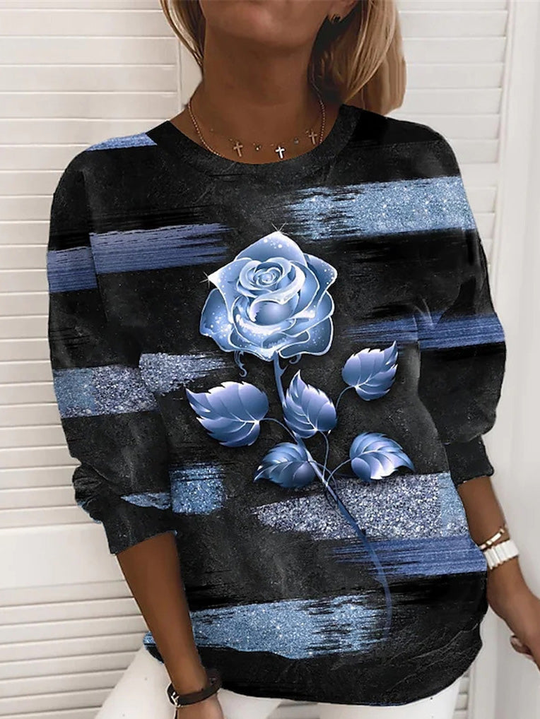 Women's T-Shirts Rose Print Round Neck Long Sleeve T-Shirt