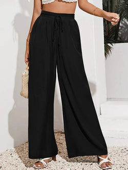 Women's Pants Casual Solid Elastic Waist Tie Wide Leg Pants