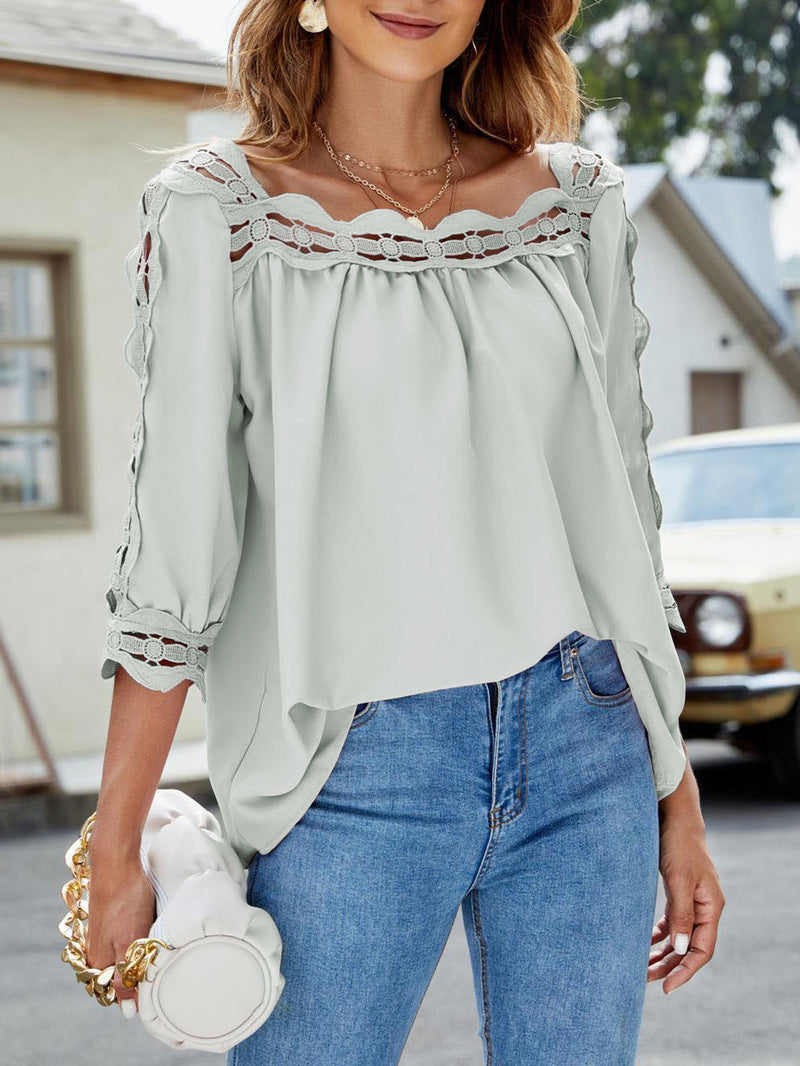 Women's Blouses Lace Panel Square Neck Half Sleeves Blouse