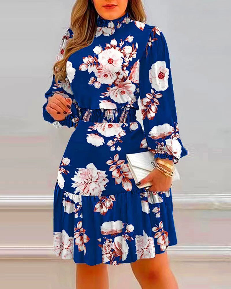 Women's Dresses Turtleneck Floral Print Elastic Waist Long Sleeve Dress
