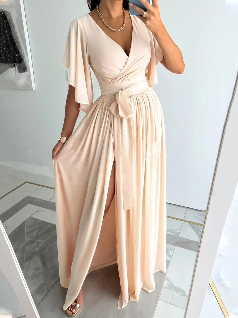 Women's Dresses Solid V-Neck Flared Sleeve Slit Dress